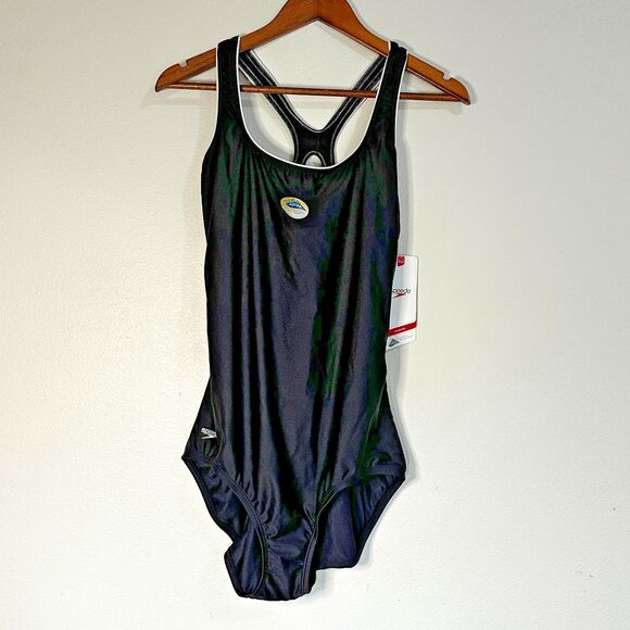 Speedo NWT Women's Swimsuit Black 18 White Xtra Life Fly Back Race One-Piece - Picture 1 of 12